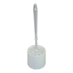 Brosse de toilette en plastique avec support intégré pour un rangement pratique et hygiénique.