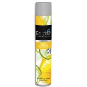 Désodorisant aérosol Boldair 400ml au parfum Zeste Citronné, idéal pour un rafraîchissement immédiat des espaces intérieurs.