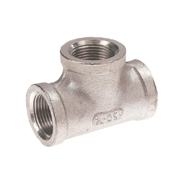te-egal-7099001417 Raccord T en acier galvanisé pour tuyauterie, avec filetages intérieurs pour une connexion facile.