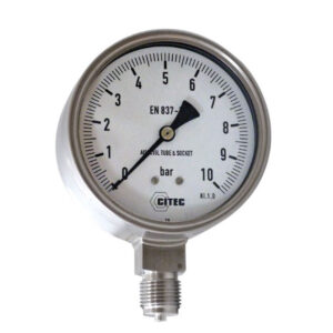 Manomètre à aiguille -1 à 4 bar (CITEC) 1054-D63-RAR-G1/4 Manomètres Série 1054 # Boîtier acier # Sec # Ø63 mm # Étendue de mesure de -1 à +4 bar # Raccord laiton : G ¼" # Raccord arrière centré Référence fournisseur : 459547